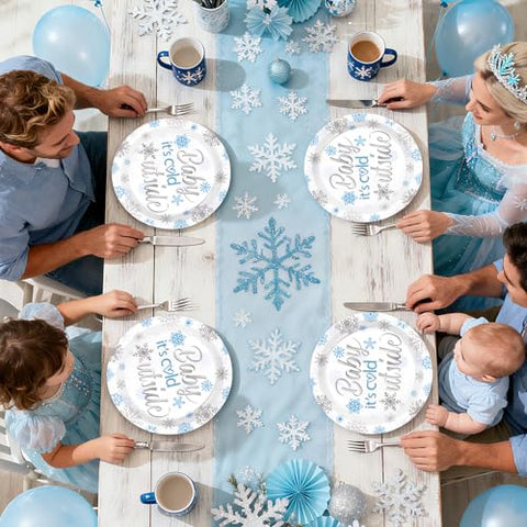50 Pcs 9-inch Blue Snowflake Baby Shower Party Paper Plates - Grencian