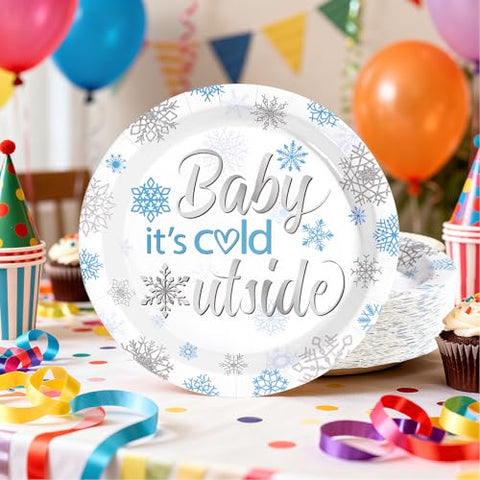 50 Pcs 9-inch Blue Snowflake Baby Shower Party Paper Plates - Grencian