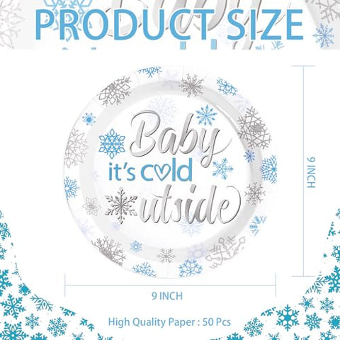 50 Pcs 9-inch Blue Snowflake Baby Shower Party Paper Plates - Grencian
