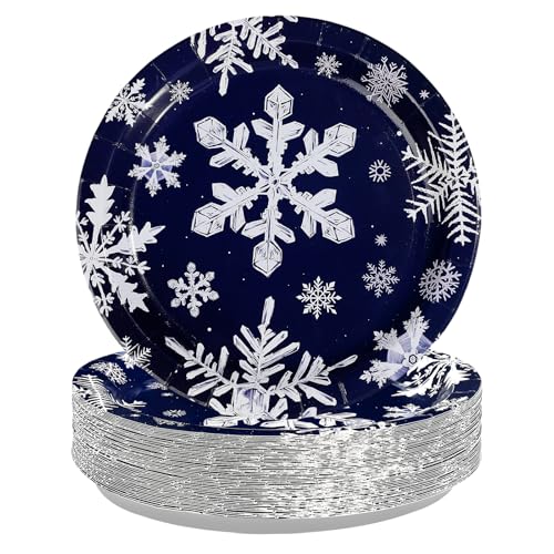 50 Pcs 9-inch Blue Snowflake Party Paper Plates - Grencian