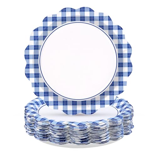 50 Pcs 9-inch Blue White Gingham Party Paper Plates - Grencian