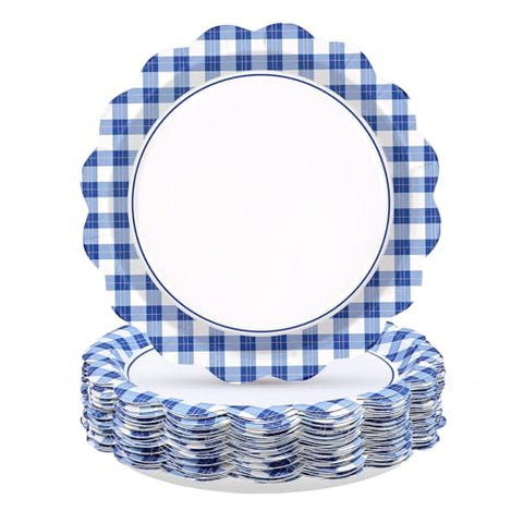 50 Pcs 9-inch Blue White Gingham Party Paper Plates - Grencian