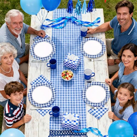 50 Pcs 9-inch Blue White Gingham Party Paper Plates - Grencian