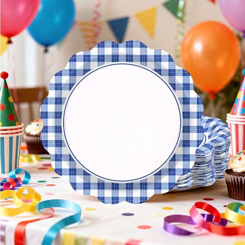 50 Pcs 9-inch Blue White Gingham Party Paper Plates - Grencian