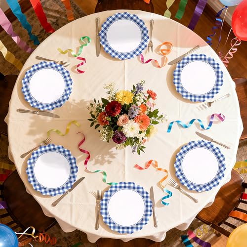 50 Pcs 9-inch Blue White Gingham Party Paper Plates - Grencian