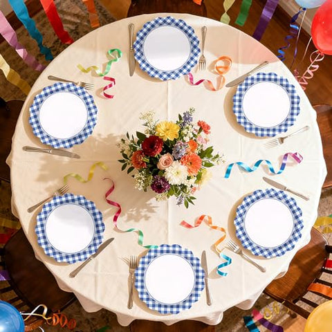 50 Pcs 9-inch Blue White Gingham Party Paper Plates - Grencian