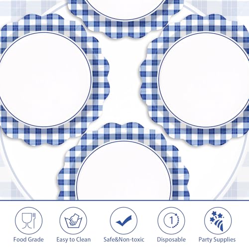 50 Pcs 9-inch Blue White Gingham Party Paper Plates - Grencian
