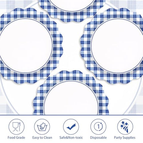 50 Pcs 9-inch Blue White Gingham Party Paper Plates - Grencian