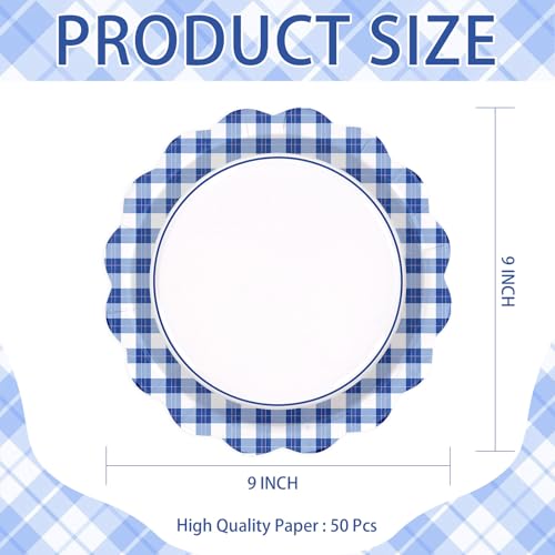 50 Pcs 9-inch Blue White Gingham Party Paper Plates - Grencian