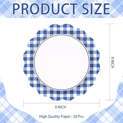 50 Pcs 9-inch Blue White Gingham Party Paper Plates - Grencian