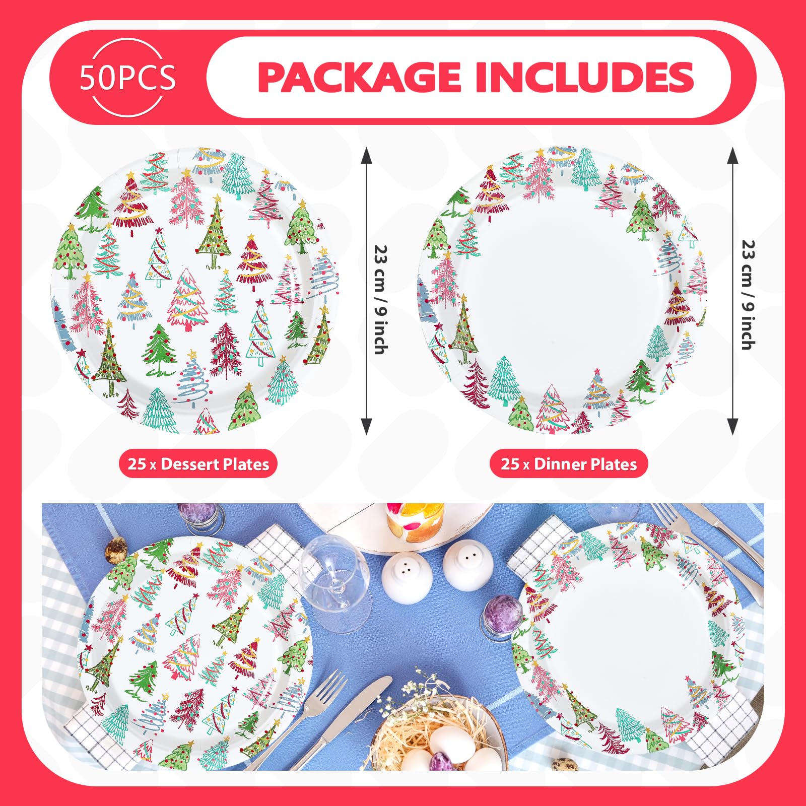 50 Pcs 9 Inch Colorful Xmas Tree Party Paper Plates - Grencian