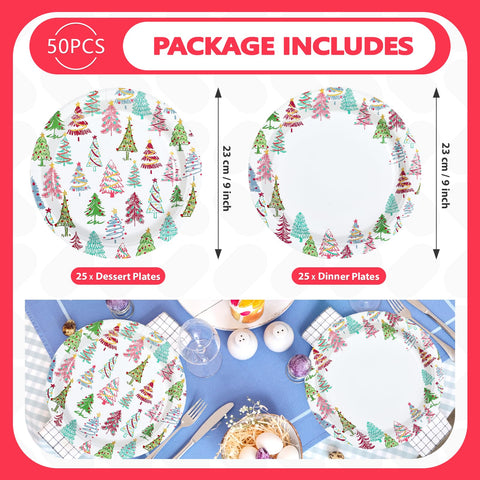 50 Pcs 9 Inch Colorful Xmas Tree Party Paper Plates - Grencian