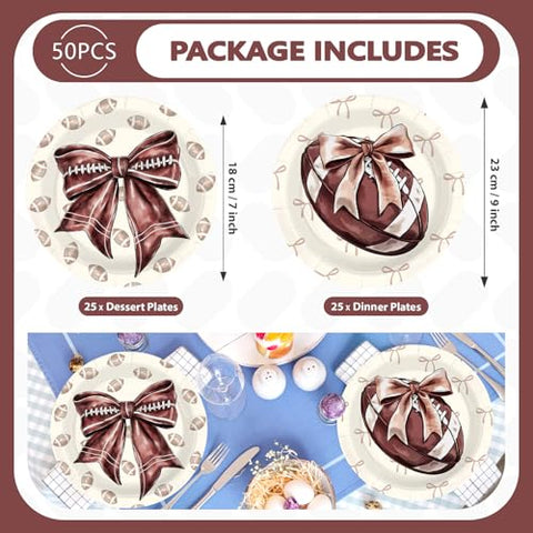 50 Pcs 9-inch Football Bows Party Paper Plates - Grencian
