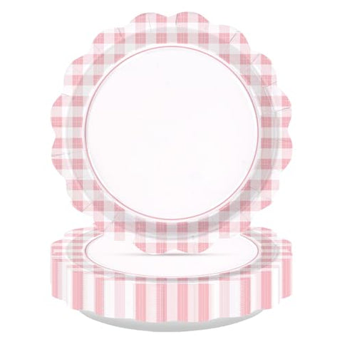 50 Pcs 9-inch Light Pink Gingham Party Paper Plates - Grencian