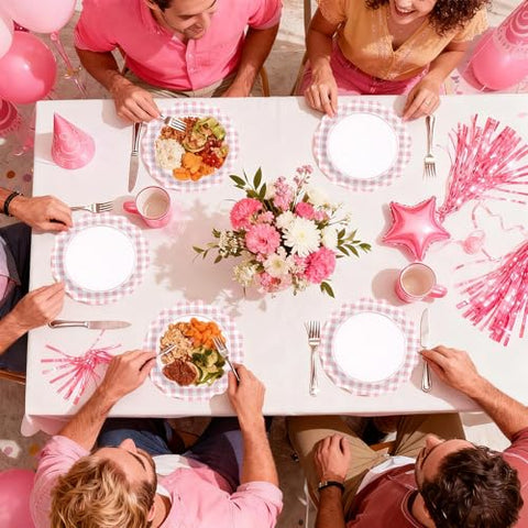 50 Pcs 9-inch Light Pink Gingham Party Paper Plates - Grencian