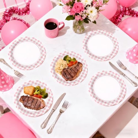 50 Pcs 9-inch Light Pink Gingham Party Paper Plates - Grencian