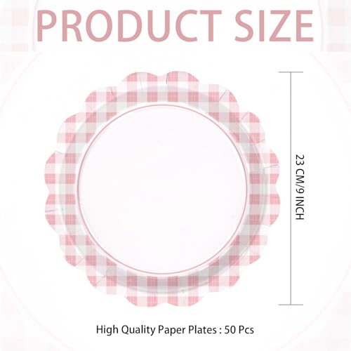 50 Pcs 9-inch Light Pink Gingham Party Paper Plates - Grencian