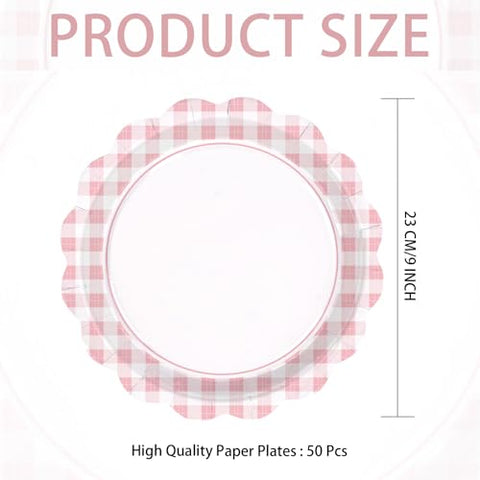 50 Pcs 9-inch Light Pink Gingham Party Paper Plates - Grencian