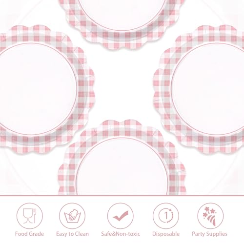 50 Pcs 9-inch Light Pink Gingham Party Paper Plates - Grencian