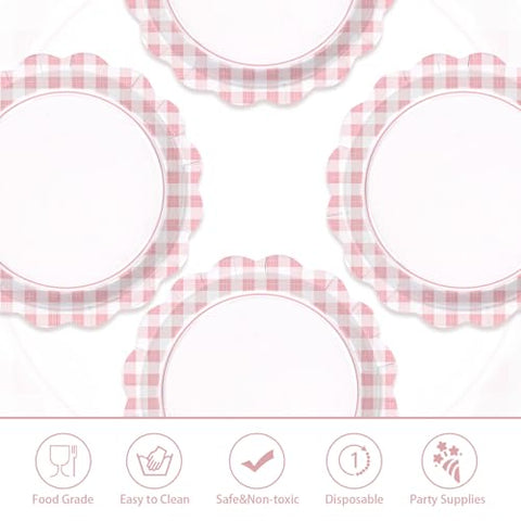 50 Pcs 9-inch Light Pink Gingham Party Paper Plates - Grencian