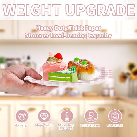 50 Pcs 9-inch Light Pink Gingham Party Paper Plates - Grencian