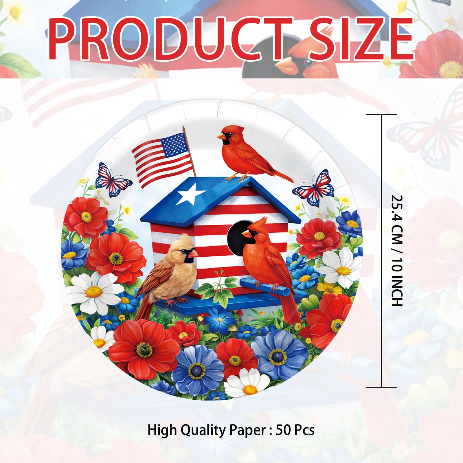 50 Pcs 10-inch Patriotic Red Cardinal Party Paper Plates - Grencian