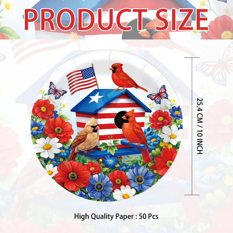 50 Pcs 10-inch Patriotic Red Cardinal Party Paper Plates - Grencian