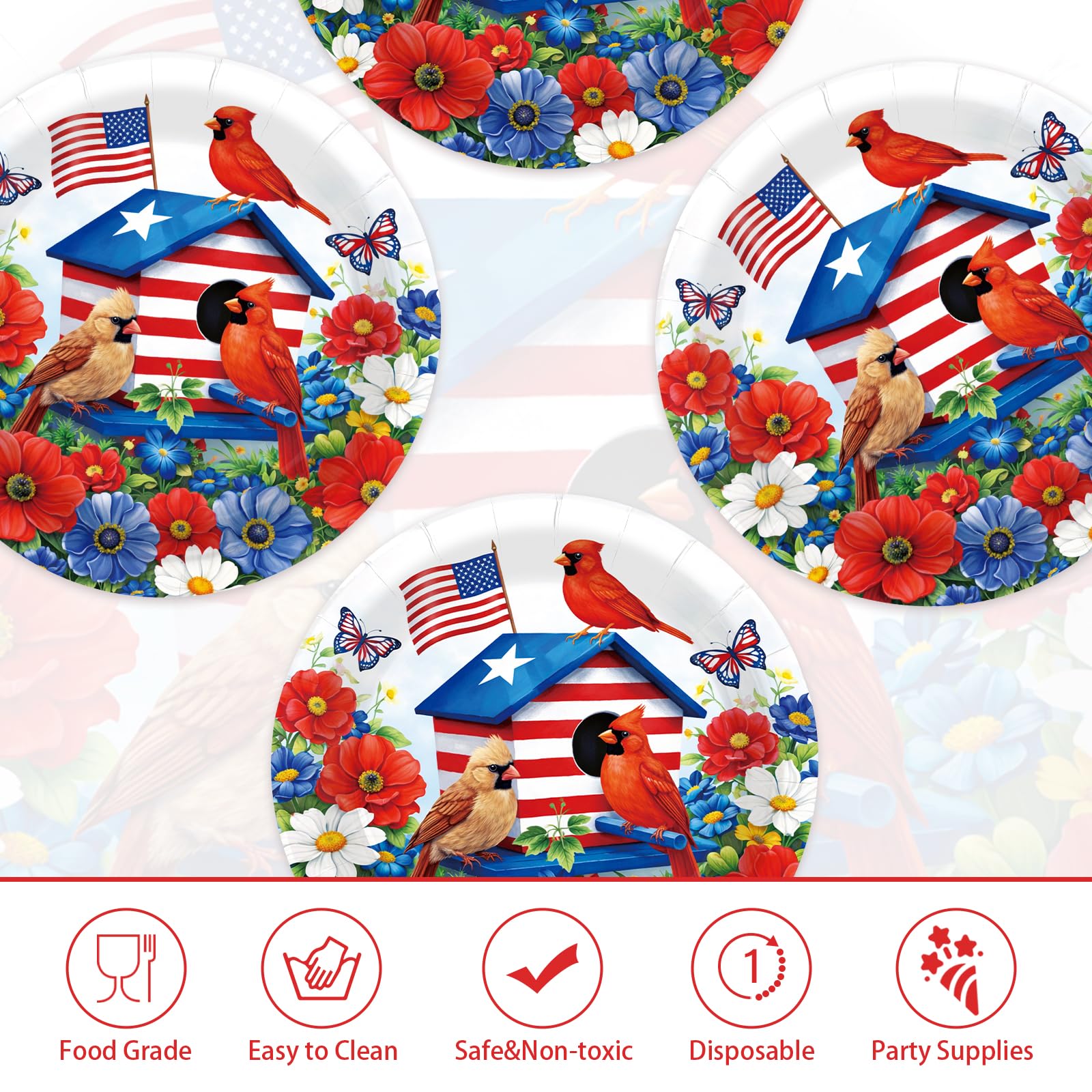 50 Pcs 10-inch Patriotic Red Cardinal Party Paper Plates - Grencian