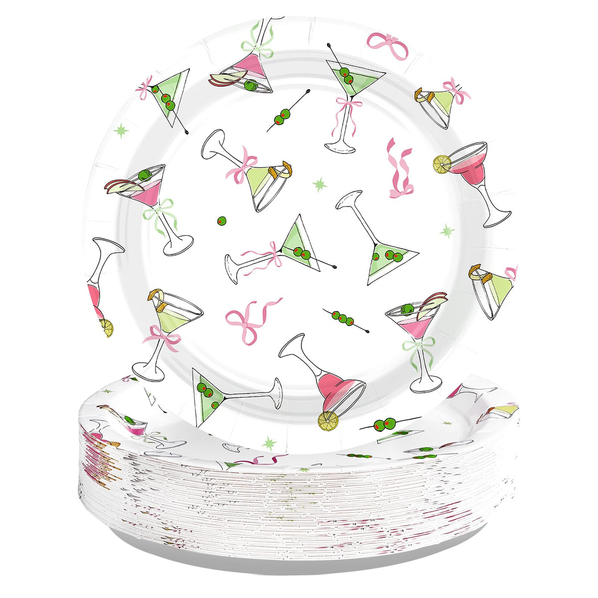 50 Pcs 9-inch Pink Bow Martini Party Paper Plates - Grencian