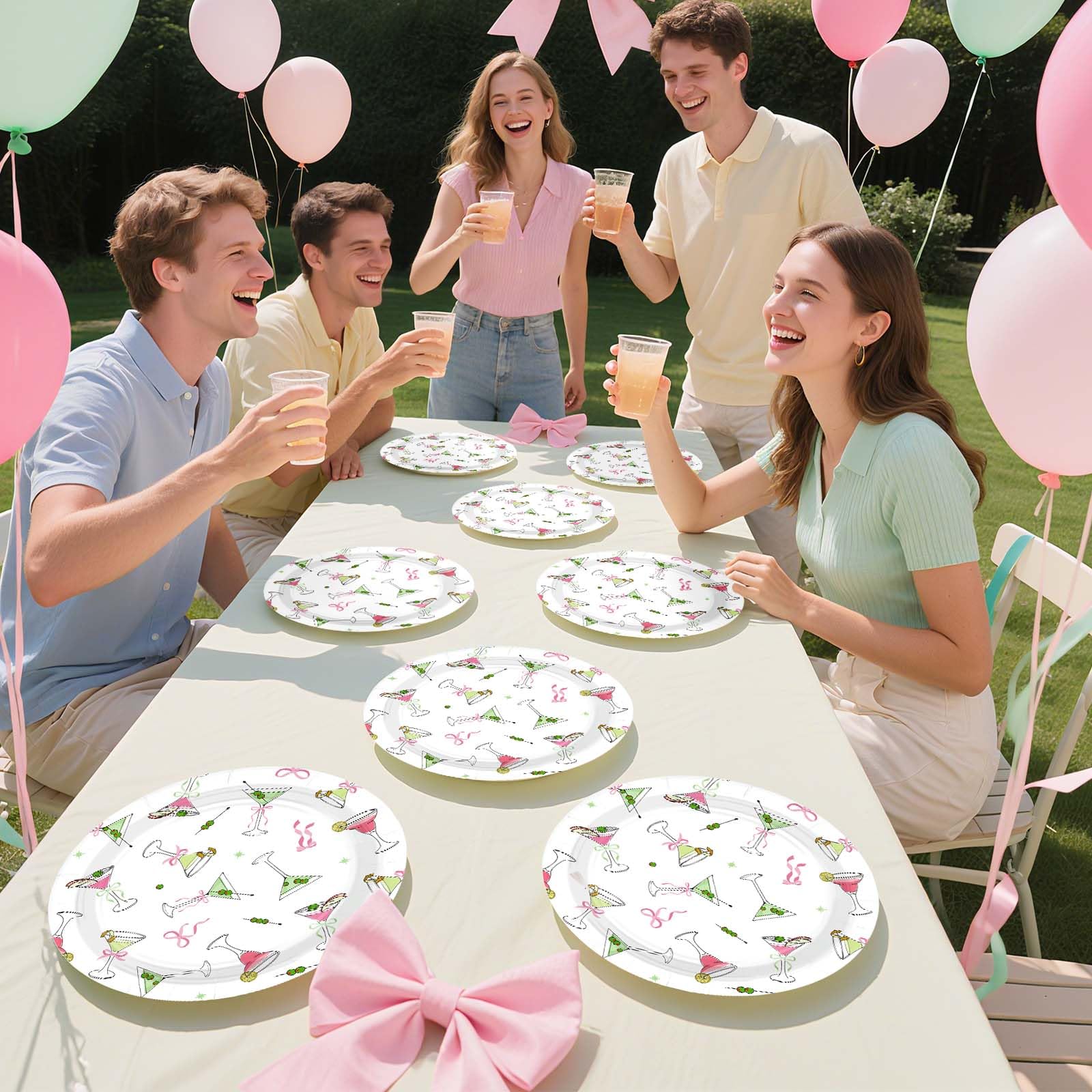 50 Pcs 9-inch Pink Bow Martini Party Paper Plates - Grencian