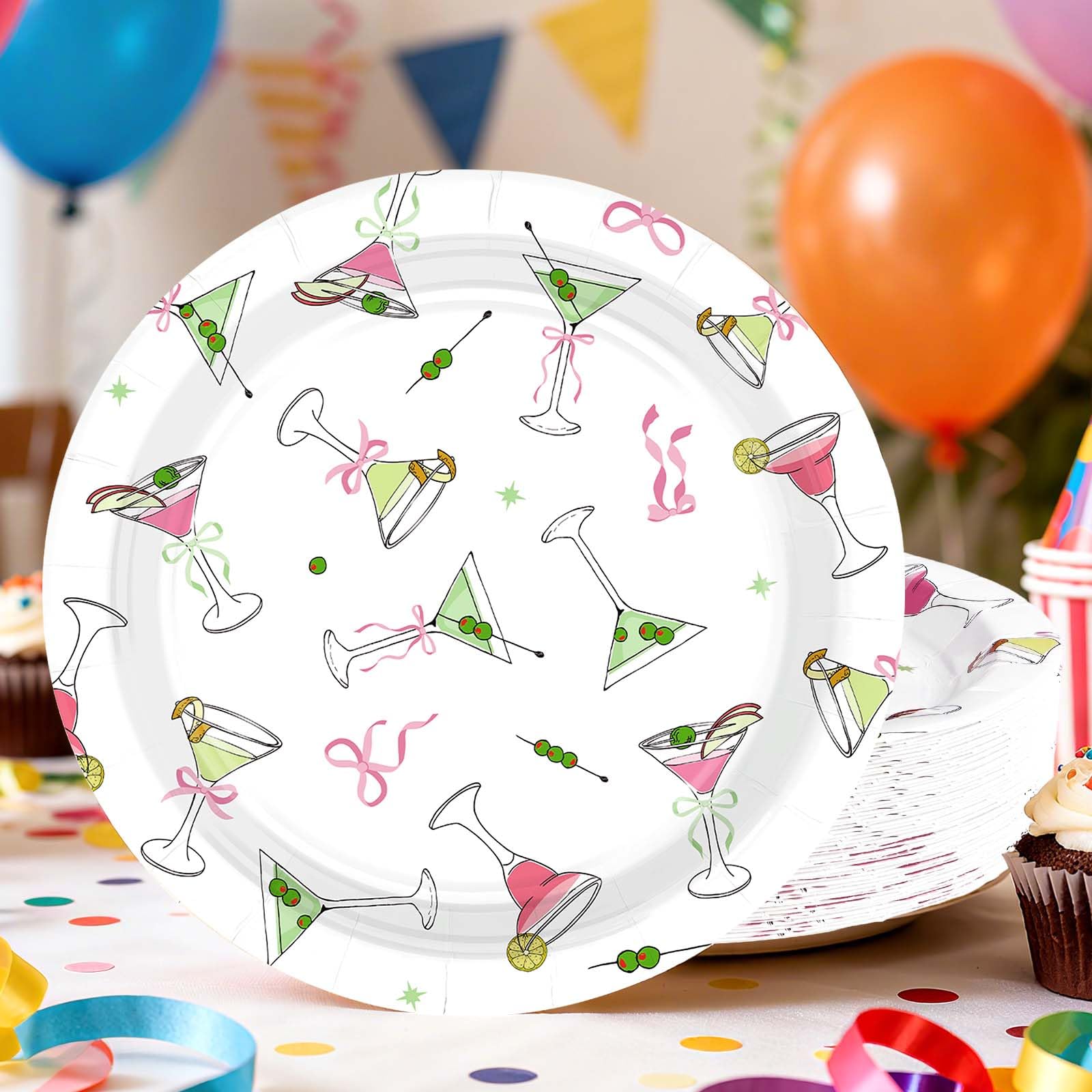 50 Pcs 9-inch Pink Bow Martini Party Paper Plates - Grencian