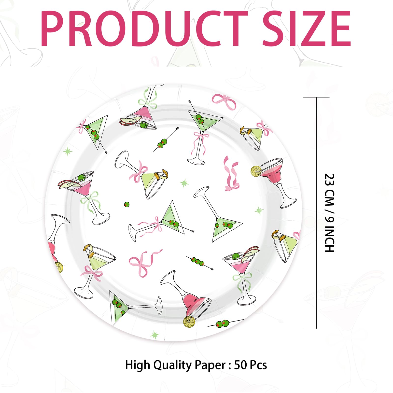 50 Pcs 9-inch Pink Bow Martini Party Paper Plates - Grencian