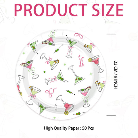50 Pcs 9-inch Pink Bow Martini Party Paper Plates - Grencian