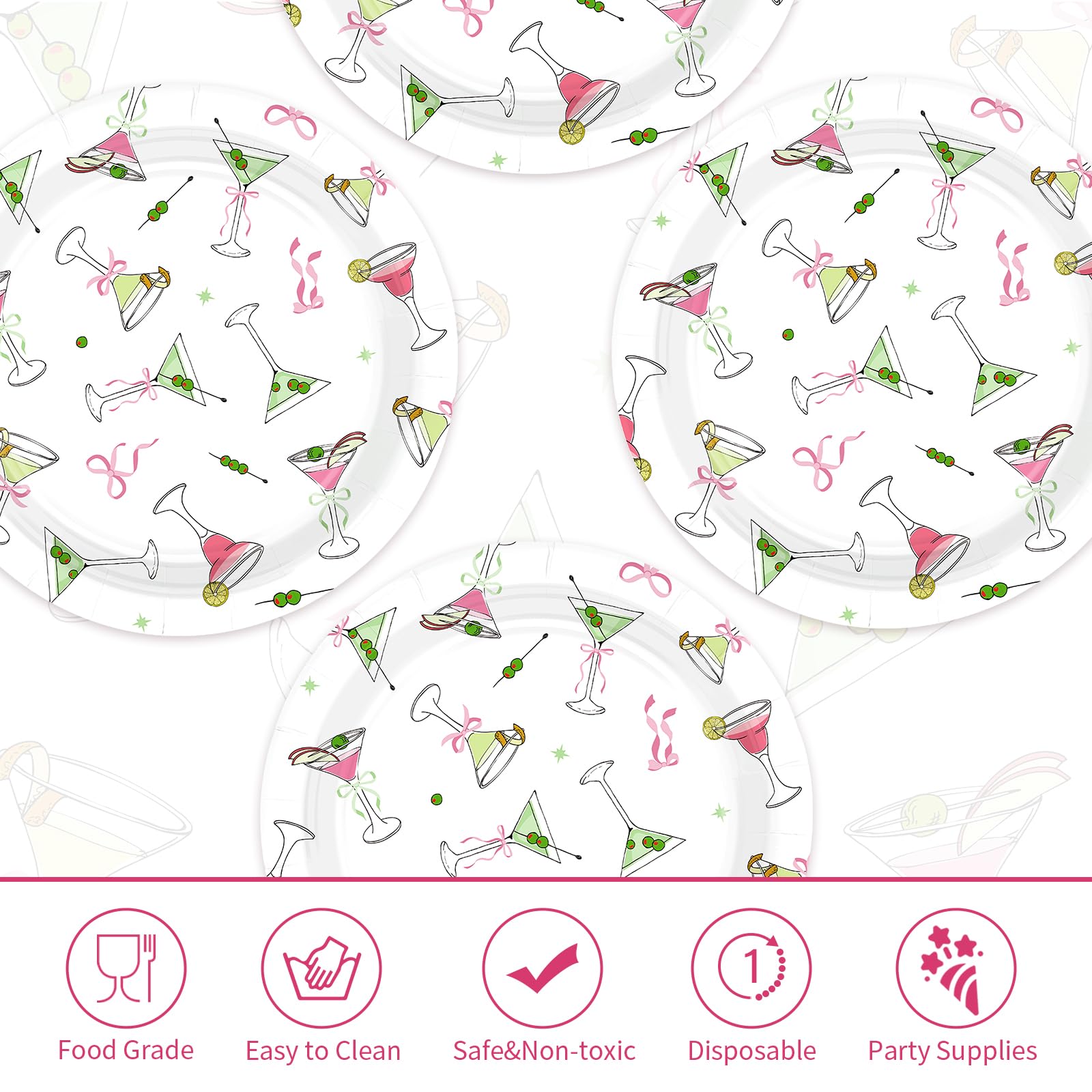 50 Pcs 9-inch Pink Bow Martini Party Paper Plates - Grencian
