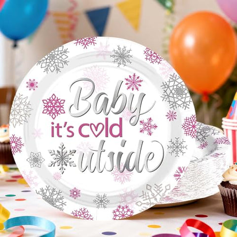50 Pcs 9-inch Pink Snowflake Party Paper Plates - Grencian