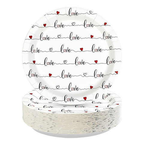 50 Pcs 9-inch Red Love Heart Party Paper Plates - Grencian