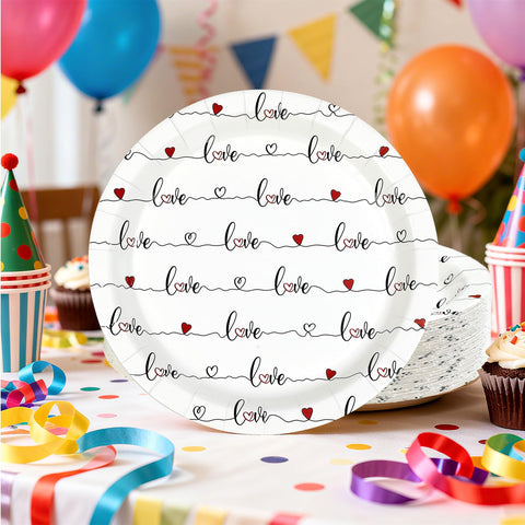 50 Pcs 9-inch Red Love Heart Party Paper Plates - Grencian