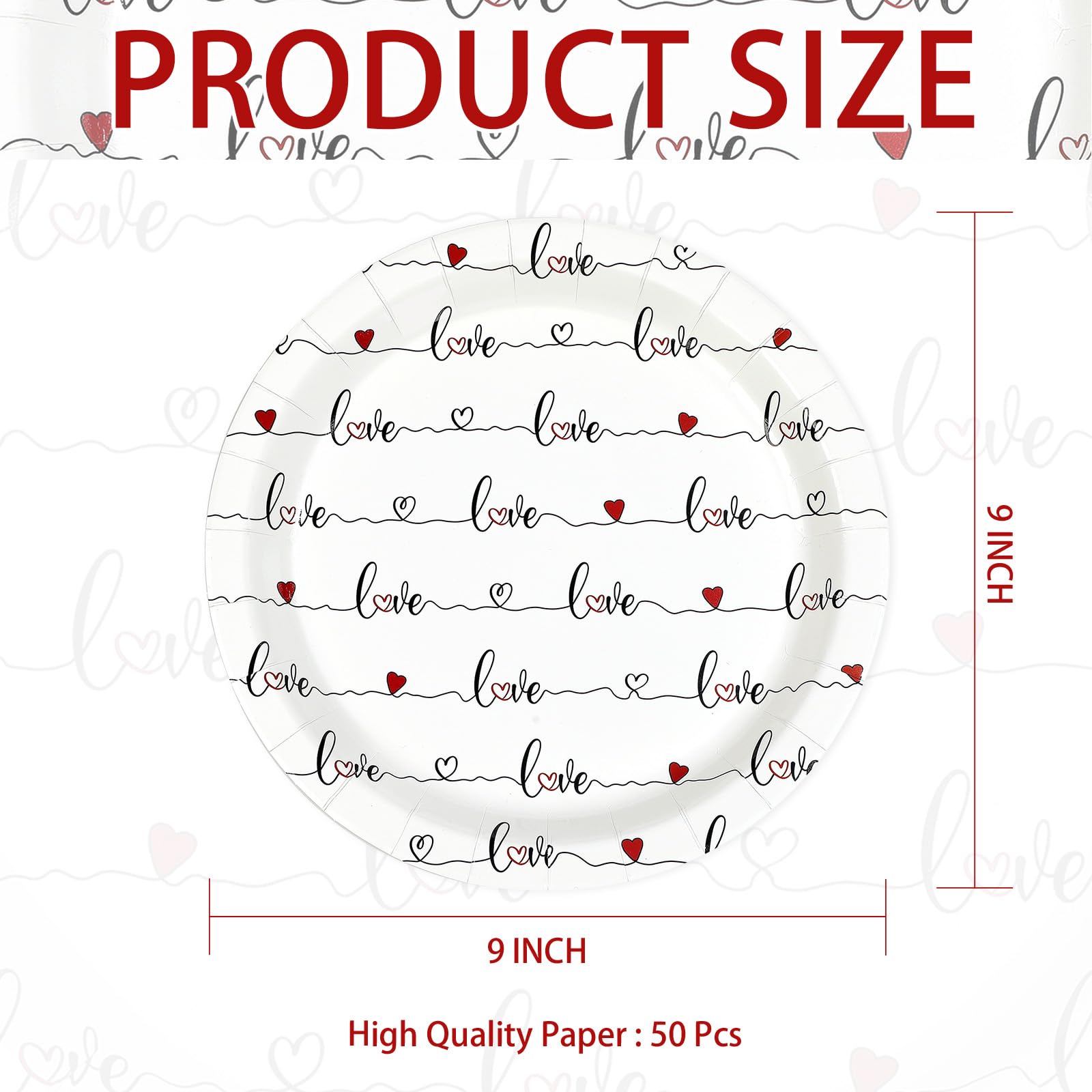 50 Pcs 9-inch Red Love Heart Party Paper Plates - Grencian