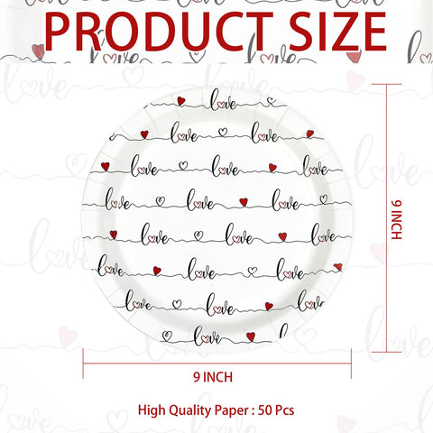 50 Pcs 9-inch Red Love Heart Party Paper Plates - Grencian