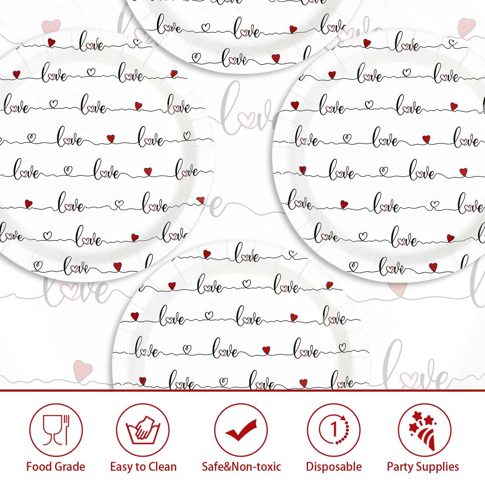50 Pcs 9-inch Red Love Heart Party Paper Plates - Grencian