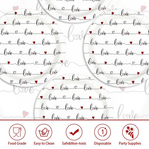 50 Pcs 9-inch Red Love Heart Party Paper Plates - Grencian