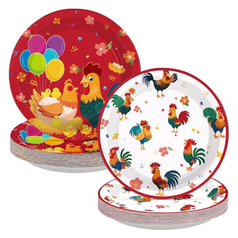 50 Pcs 9-inch Red White Chicken Party Paper Plates - Grencian