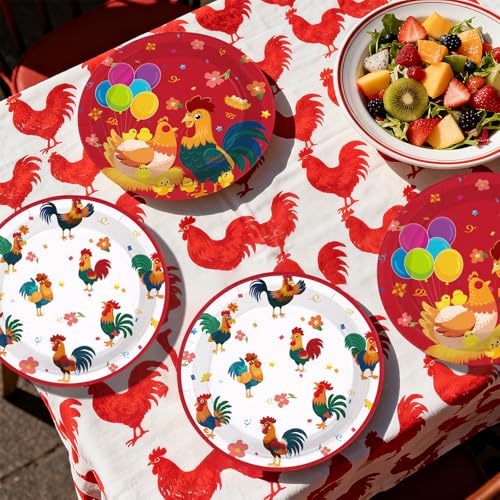 50 Pcs 9-inch Red White Chicken Party Paper Plates - Grencian