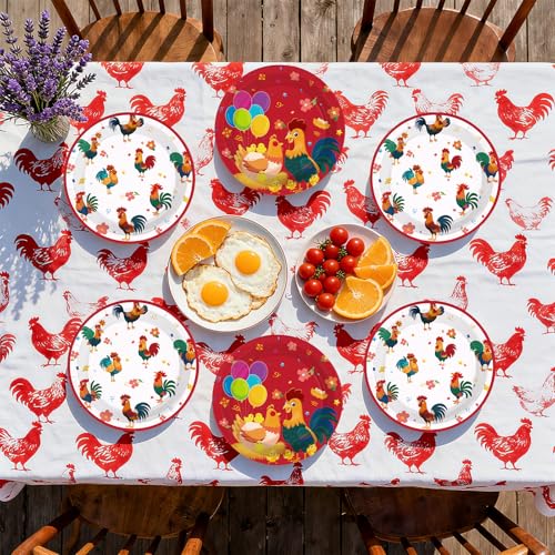 50 Pcs 9-inch Red White Chicken Party Paper Plates - Grencian