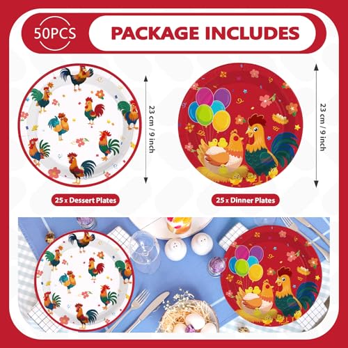 50 Pcs 9-inch Red White Chicken Party Paper Plates - Grencian