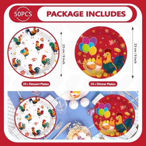 50 Pcs 9-inch Red White Chicken Party Paper Plates - Grencian