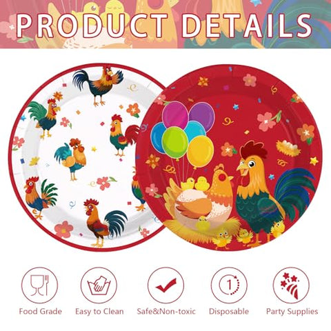 50 Pcs 9-inch Red White Chicken Party Paper Plates - Grencian