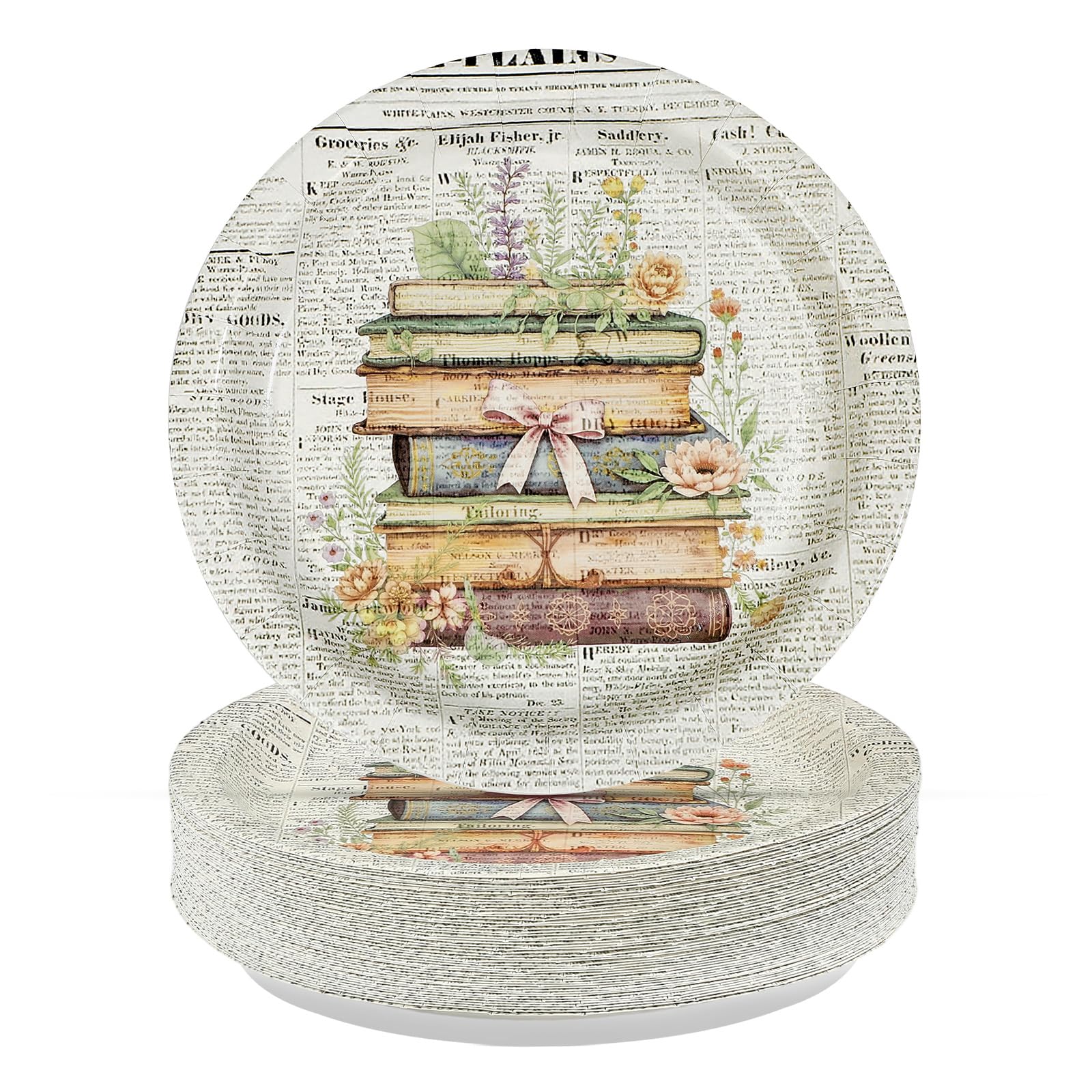 50 Pcs 9-inch Vintage Book Party Paper Plates - Grencian