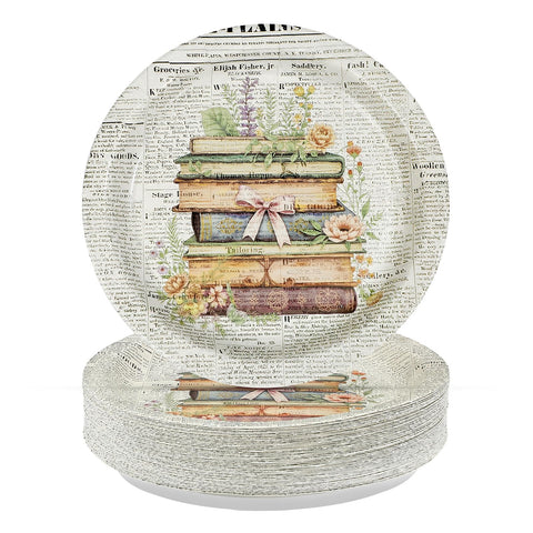 50 Pcs 9-inch Vintage Book Party Paper Plates - Grencian