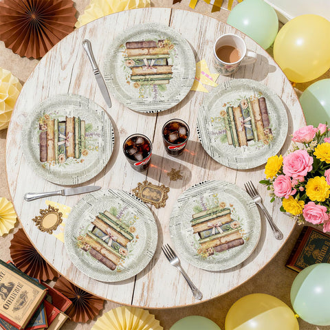 50 Pcs 9-inch Vintage Book Party Paper Plates - Grencian